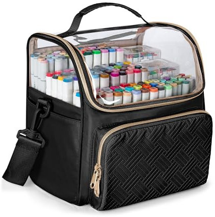 Rexmica Large Marker Organizer Case for 180 Markers, Marker Storage Bag with Dividers and 4 Pockets for Paint Markers, Paint Brushes, Colored Pencils or Other Art Supplies, Black (Patented Design)