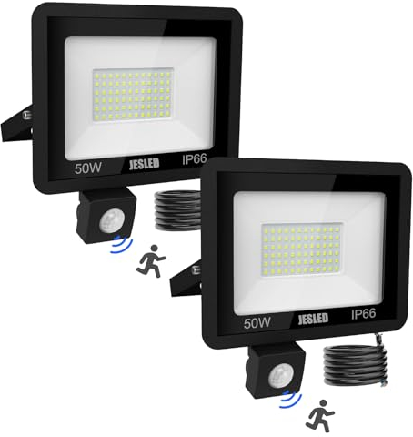 JESLED Foco LED Exterior, 50W 4500LM Foco LED Con Sensor De Movimiento, Foco LED Detector 6000K Blanco Frío, Focos LED Exterior Impermeable IP66 Para Casa, Garaje, Patio, Terraza, Campo【2-Paquete】