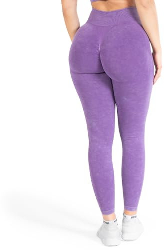 SMILODOX Scrunch Leggins Damen Shaped Fit, Seamless Sporthose, Batik Acid Scrunch Sanduhr-Design Yogahose, Elastischer Bund Figurschmeichelnd für Fitness & Alltag, Größe:S, Color:Lila