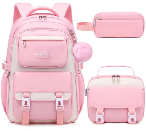 Makukke Schulrucksack Mädchen Teenager Rucksack Schule Schulranzen-Set, Schultasche Jungen Multi-Tasche Wasserdicht Schulranzen School Bag für Mädchen Damen,30L Rosa Rucksack