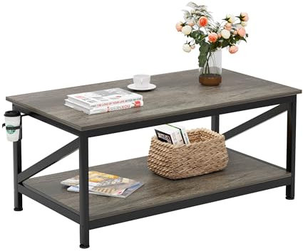 CAIYUN Coffee Table with Storage Shelf, 40 Inch Living Room Table, Farmhouse Coffee Table with 2 Tier Shelves, Black Table Legs, Industrial Wooden Coffee Table, Grey Oak