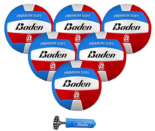 Baden Premium Soft Synthetic Leather Official Size & Weight Outdoor Volleyball 6 Pack with Pump