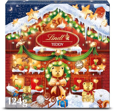Lindt - Calendrier de l'Avent TEDDY - Assortiment de Chocolats au Lait - Idéal pour Noël, 124g