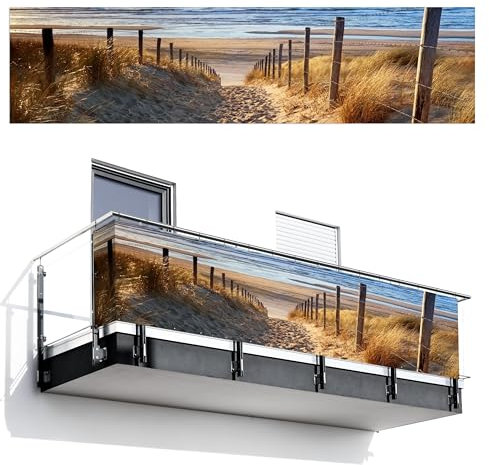MuchoWow© Balkonsichtschutz Einseitig 120x500 cm Groß PVC Terrassen Garten ohne Bohren Wetterfest Balcony Privacy Screen Zaun Terrasse Balkondeko Garden Strand - Weg - Dünen - Meer