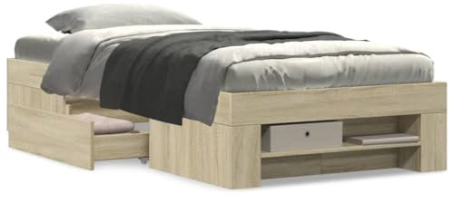 vidaXL Single Bed Frame - Sonoma Oak - Engineered Wood - Drawers & Storage - Plywood Slats - 93x193 cm - Modern Bedroom