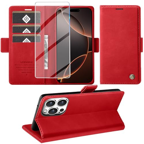 Giyer Handyhülle für iPhone 16 Pro Hülle mit Schutzfolie, Kartenfach Wallet Klapphülle Premium Leder Standfunktion Schutzhülle für iPhone 16 Pro 4G/5G Flip Case Cover Tasche (Rot)