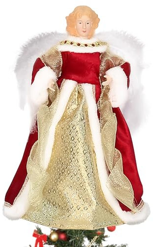 Weihnachtsengel Baumspitze, 32 cm Hoch Engel Christbaumspitze Weihnachtsbaumspitze Engel mit Feder Flügeln Weihnachtsengel Deko Weihnachtsbaumspitze mit Warmgelbe Lichterkette, Ohne Batterien (Rot)