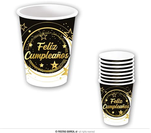 FIESTAS GUIRCA | 6 Verres Jetables Joyeux Anniversaire (240 ml) (9 cm) - Décoration de Table pour Fêtes d'Anniversaire - Idéal pour Célébrations et Événements - Noir, Or, Blanc