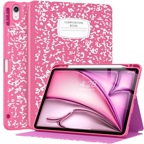 Supveco Case for iPad Air 11 Inch (M3 2025/M2 2024),iPad Air 5th/4th Generation 10.9 Inch 2022/2020 with Pencil Holder-[Auto Wake/Sleep],Premium Folio Stand Soft TPU Back Cover-Hot Pink