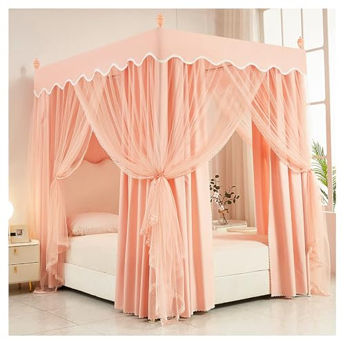 DOUZIO Himmelbett Vorhänge, Schlafzimmer Prinzessin Moskitonetz Mit Rahmen 4 Poster Bett Baldachin Für Mädchen Bett Baldachine & Vorhänge Für Full/King/Queen Size Bett(Size:180×200×200cm,Color:Rosa)