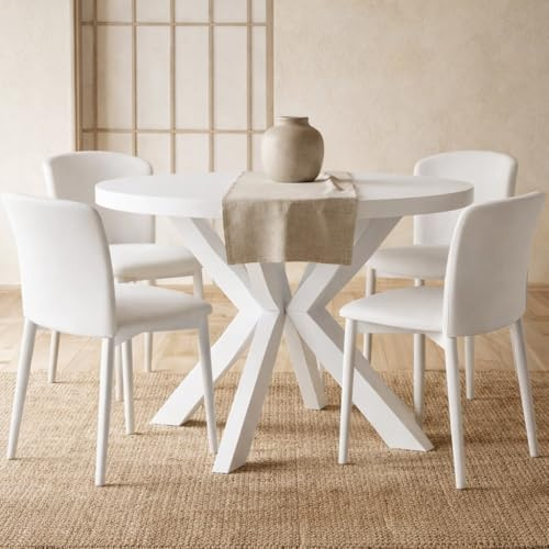 Dekori Möbel Runder Ausziehbarer Tisch für Esszimmer RAL mit Holzbeinen, Skandinavischer Stil, Durchmesser Varianten von : 90 bis 220 cm (Weiß, 100/150 cm)