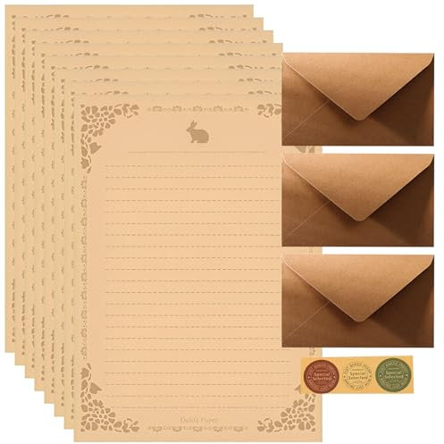Qixuer 16 Pezzi Carta da Lettere, Kit Scrivere Lettere Vintage con 3 buste in carta kraft vintage, 10 carta intestata coniglietto e 3 adesivi sigillanti per la scrittura di compleanno
