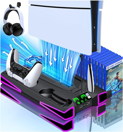 Standfuß für PS5 Pro/PS5/PS5 Slim, 5200RPM Kühler Lüfter Starker Wind und Schnelle Wärmeableitung, RGB Ständer für PS5 Pro mit Controller Ladestation/Headset Halter/15 Spiele Aufbewahrung, Schwarz
