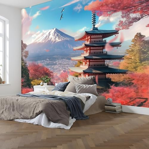 Fototapete Japanische Landschaft PVC Tapeten Moderne Wandtapete Wohnzimmer Schlafzimmer Mount Fuji Tempel Tapeten Wohnzimmer Jugendzimmer Wanddeko Wandtattoo selbstklebende 200x140cm