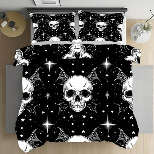 Totenkopf im Gothic-Stil Bettwäsche 200x220 Totenkopf mit Halloween-Motiv Bettwäsche Set, Weich Microfaser Kuschelige Bettwäsche, Fledermaus mit Tiermuster Wendebettwäsche Bettbezug und Kissenbezug