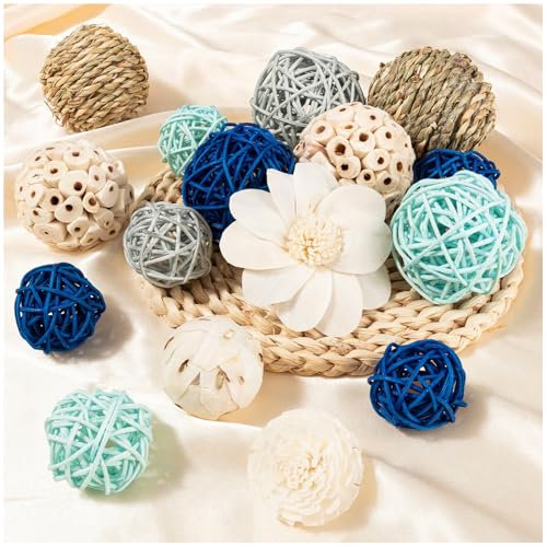 LGFMGWH 15Pcs Blue Decorative Balls for Potpourri Bowl Filler, Woven Rattan Wicker Balls