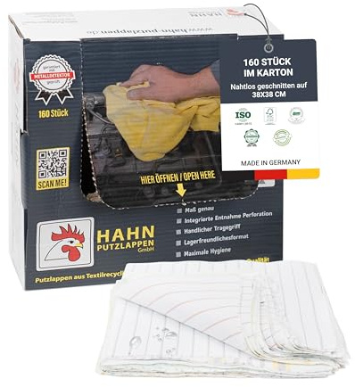 Hahn Putzlappen® Baumwolle Bunt [160 Stück] – Nahtlos zugeschnitten 38x38 cm – Saugstark & langlebig für Werkstatt, Gebäudereinigung, Haushalt & Autopflege – 100% Recycling, Made in DE
