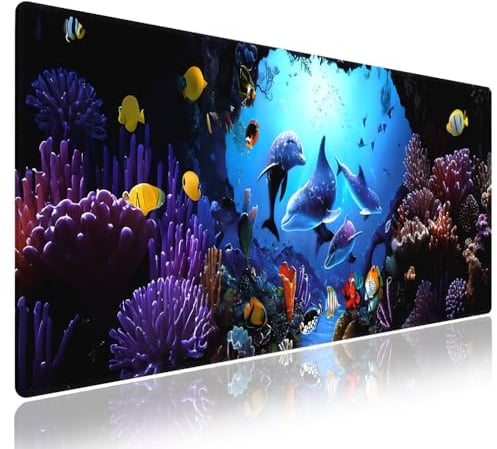 Wknoon. Extra großes Gaming- und Büro-Mauspad (80 x 30 cm) – bunte Unterwasserwelt Landschaft niedliche Delfine, Premium-Anti-Rutsch-XXL-Schreibtischunterlage mit robusten genähten Kanten