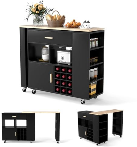 COSTWAY Ilot Central de Cuisine 2 en 1, Meuble de Bar, Desserte sur roulettes avec Plans de Travail en Bois d'Hévéa, Étagère Réglable, Casier à Vin pour 12 Bouteilles, Style Nordique (Noir)