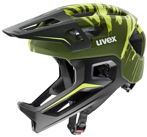 uvex React jr. fullface Kinderfahrradhelm, Dark Olive matt, 52-56 cm | individuelle Größenanpassung - Polycarbonat-Schale mit EPS-Kern