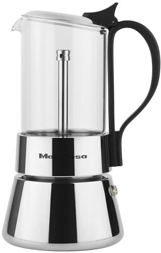 MAGEFESA Guinea - Cafetera Italiana de 4 Tazas, 200ml, Acero Inoxidable y Vidrio, Estilo Moderno, Induccion, Todo Tipo de Fuegos, Asa Ergonomica