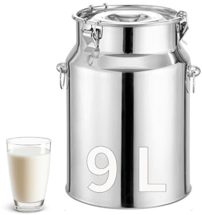 Pot à Lait en Acier inoxydable, Seau à Lait de 9 Litres avec Couvercle Hermétique, Bidon à Laits pour Vin, l'huile, Liquides et Solides en Cuisine, Pot à Laits pour Transport ou Stockage