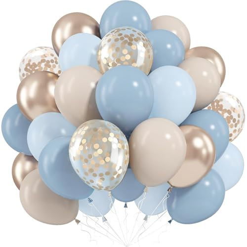Luftballons Blau Gold, 60 Stück Helium Ballons Staubige Blaue Beige Gold | Ballons Blau Champagner Gold Konfetti, Blau Partyballons, Junge Geburtstag Baby Shower Hochzeit Taufe Babyparty Dekoration