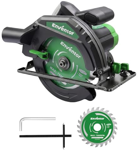 Enventor 1300W Sierra Circular, 1 Hojas de Sierra(185mm, 24T) | Sierra Circular de Mano 5000RPM, Profundidad de Corte 65mm(90°), 44mm(45°), Ideal para Cortar Madera, PVC
