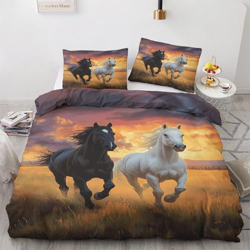 Venivici Pferd Bettwäsche 140x200 Winter - Schwarz Weiß Pferde Bettbezug 140x200 3 Teilig, Weiche & Angenehme Mikrofaser Bettbezüge & 2 Kissenbezug 70x90, Bettwäsche-Sets mit Reißverschluss