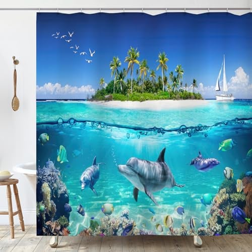 OCEUMACO Rideau Douche Anti Moisissure 180x180 cm Dauphin Rideau de Douche Baignoire Tissu Imperméable Polyester Océan Turquoise Rideaux Salle de Bain avec Anneaux Tissus Lavable Machine