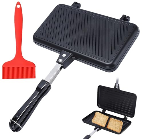 GOEDCH Molde de doble cara para sándwiches: 37 x 25 x 4,4 cm, sartén de doble cara con cepillo de aceite, sartén antiadherente de aluminio con asa, bandeja para hornear sándwiches para uso doméstico y