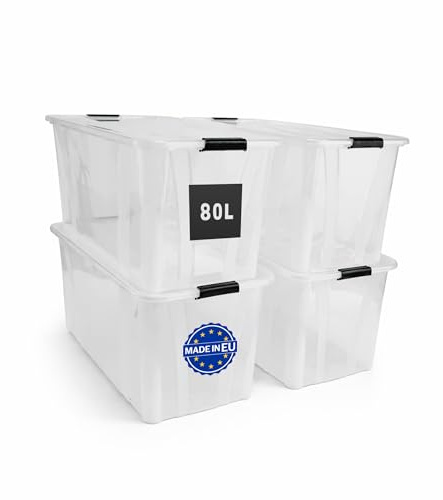 HOGSTEN Aufbewahrungsboxen 4er-Set mit Deckel – Stapelbare Kunststoffboxen 7L, 14L, 21L, 32L, 55L, 80L Transparent mit Klickverschluss & Griffen, BPA-frei, Lebensmittelgeeignet, Ordnungskisten (80 L)