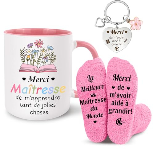 Cadeau Maîtresse d'École, Coffret Cadeau avec Tasse, Chaussettes Porte-Clés | Merci Maîtresse, Idée Cadeau Fin d'Année, Noël et Anniversaire