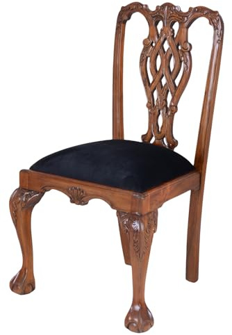 PALAZZO INT Esszimmerstuhl Vintage Chippendale Stil Mahagoni 60x40x100 cm Stuhl schwarz Samt Reproduktion antik geschnitzt handgearbeitet Sitzmöbel Stilmöbel nostalgisch Massivholz Holzstuhl