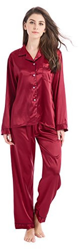 Tony & Candice Pyjama classique en satin pour femme, Bordeaux avec passepoil noir, S