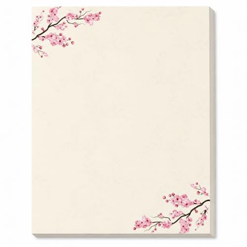 Cherry Blossoms Printable Letterhead Stationery Paper - 80 Sheets - 8.5 x 11 Decorative Writing Paper - Floral Letter Paper - 28lb Bond (105gsm) for Wedding Invitations Letters Events Announcements