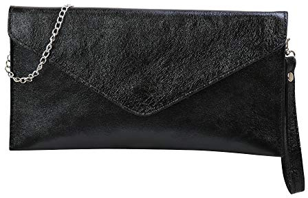 SH Leder Echtleder Clutch Umhängetasche kleine Tasche Abendtasche in Wildleder oder Metallic 31,5x16,5cm Palma G299 (Schwarz Metallic)