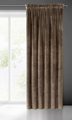 Eurofirany Villa Vorhang Samt Velvet Weich Kräuselband-1 Stk. Edel Gardine Dick 290 g/m2 Elegant Glatt Einfarbig Flauschig Modern Klassisch Wohnzimmer Schlafzimmer Lounge, Braun, 140X270cm