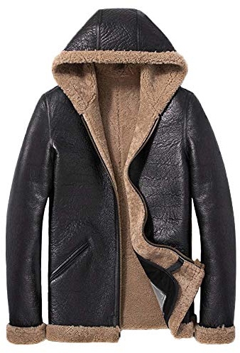 Herren Shearling Jacke B3 Fliegerjacke Kurze Lederjacke mit Kapuze Pelzmantel Winter Schaffell Mantel