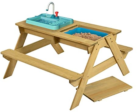 TP Toys Splash and Play hölzerner Picknicktisch mit funktionierendem Wasserhahn, Schüssel für Sand- und Wasserspiele, Mehrzweck-Holztisch für Kinder ab 2 Jahren 130 x 137 x 138 cm