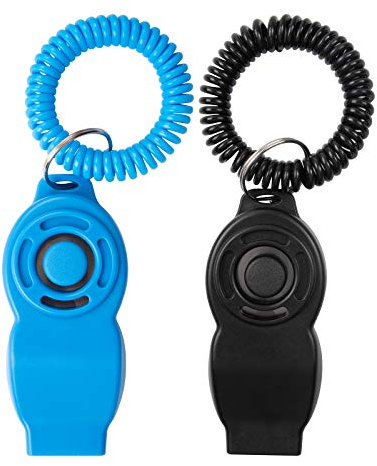 Ehunt Hunde-Clicker mit Pfeife und Handgelenkschlaufe, Clicker-Training für Hunde, Katzen, Welpen, Vögel, Haustier-Trainings-Clicker, 2 Stück (schwarz + blau)