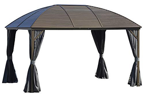 Outsunny 3 x 4m Hardtop Gazebo Canopy with Metal Roof, Aluminium Gazebo Permanent Pavilion with Netting and Curtains, Dark Grey