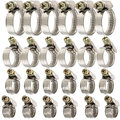 Schlauchschellen mit Schneckenantrieb Set, 24 Stück, Spannbereich Ø 8-25 mm, je 6 x Schellen mit Ø 8-12, 10-16, 12-20, 16-25, W2 Edelstahl, Kreuzschlitz SW 7, Schlauchklemmen, Rohrschellen