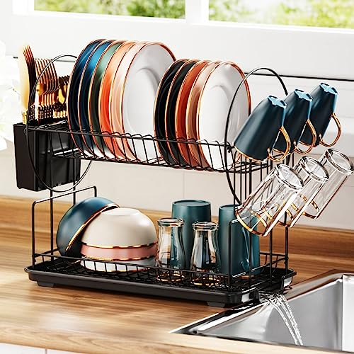 iSPECLE Dish Drainer Rack - Small 2 Tier Dish Drying Rack with Draining Board, Rustproof Dish Rack Drainer for Kitchen Worktop with Cutlery Holder Cup Holder, Black