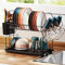 iSPECLE Dish Drainer Rack - Small 2 Tier Dish Drying Rack with Draining Board, Rustproof Dish Rack Drainer for Kitchen Worktop with Cutlery Holder Cup Holder, Black