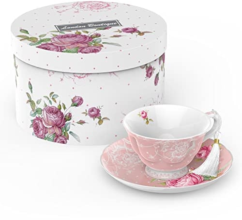 London Boutique Tea Cup and Saucer Set 1 Afternoon Tea Set New Bone China Vintage Flora Gift Box 200m (Pink)
