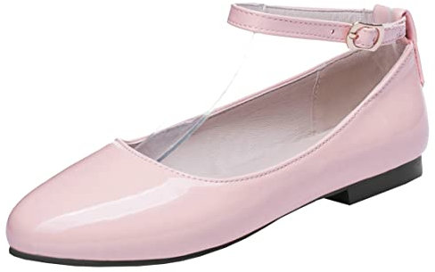 MISSUIT Damen Lack Pumps Riemchen Flach Ballerina Mary Jane Sommer Schuhe(Pink,43)