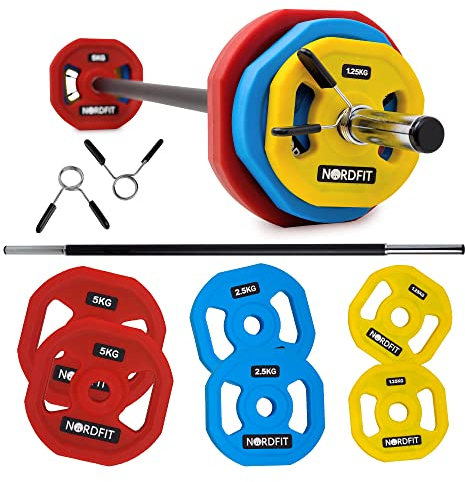 NORDFIT - 20kg Urethane Barbell Weights Set (TPU) - Ideal Studio Pump Weights - Home Exercise - Professional Adjustable Barbell & Weights - Strength Training Equipment (Colour Urethane Weights Set)