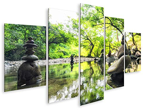 islandburner Bild auf Leinwand Zen Meditation Landschaft Ruhe Spirituelle Natur Umwelt Stein Balance 5 Teile Wandbild Poster Kunstdruck Bilder 170x80cm