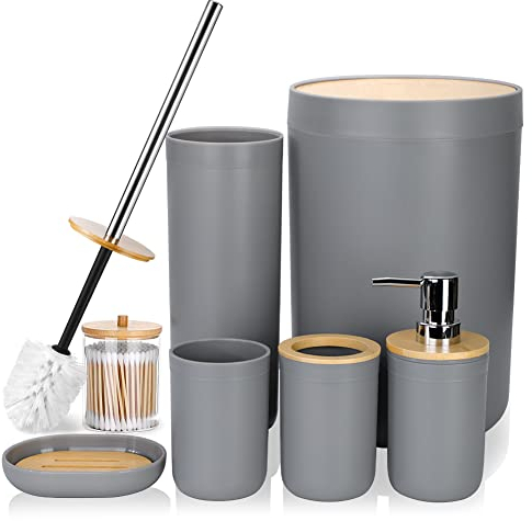 JOTOM 7 Stück Bambus Badezimmer Zubehör Badezimmer Zubehör Set Luxus Modern Bad Set Zahnbürstenhalter Becher Qtip Halter Toilettenbürste Set Seifenschale Mülleimer Seifenspender (Grau)